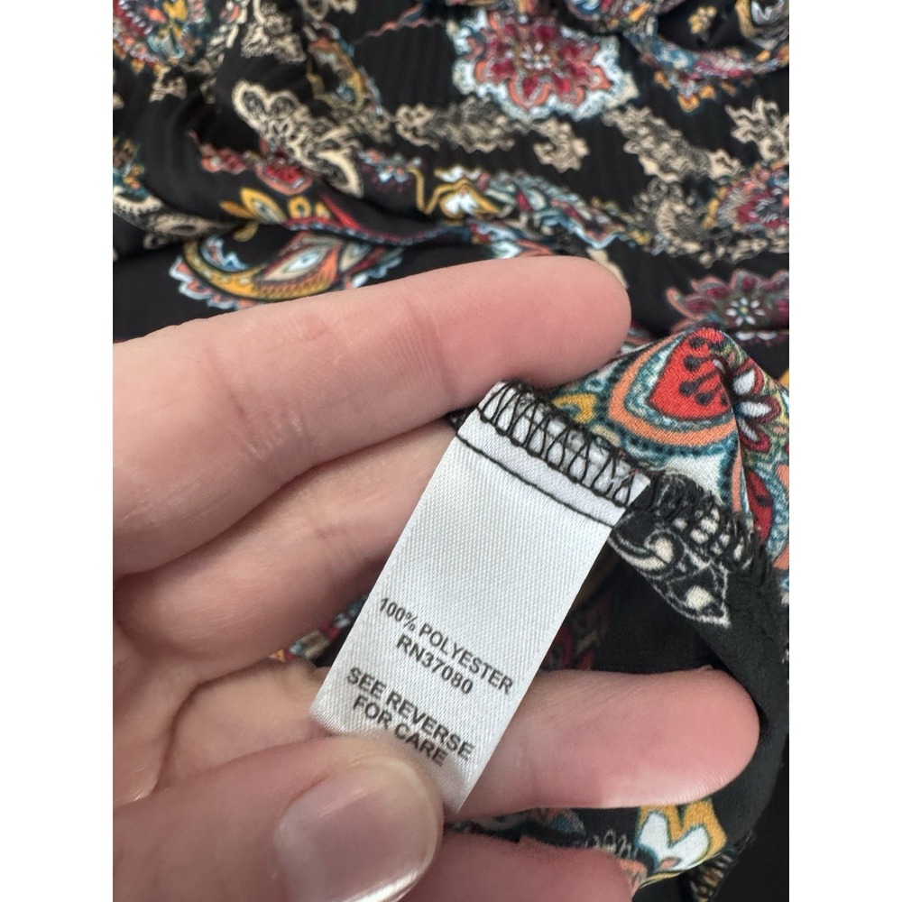 Cato Black Floral crinkle blouse peasant sleeve fall semi-sheer floral paisley - Picture 7 of 10